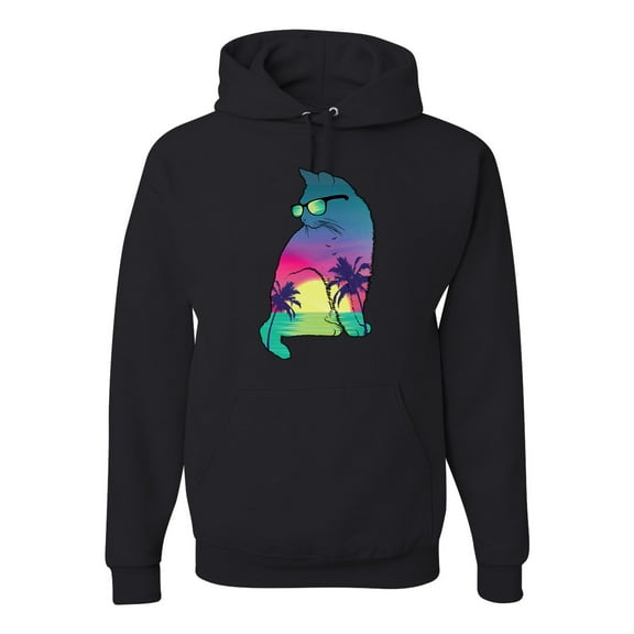 Neon Beach Sunset Cat California Vibes | Mens Animal Lover Hooded Sweatshirt Graphic Hoodie, Black, X-Large