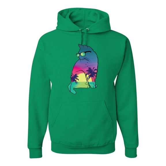 Neon Beach Sunset Cat California Vibes | Mens Animal Lover Hooded Sweatshirt Graphic Hoodie, Kelly, Medium