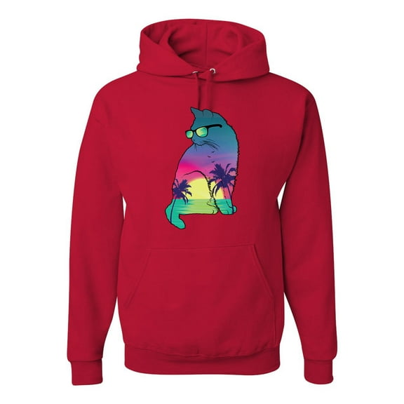 Neon Beach Sunset Cat California Vibes | Mens Animal Lover Hooded Sweatshirt Graphic Hoodie, Red, Small