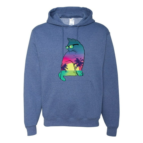 Neon Beach Sunset Cat California Vibes | Mens Animal Lover Hooded Sweatshirt Graphic Hoodie, Vintage Heather Blue, Small