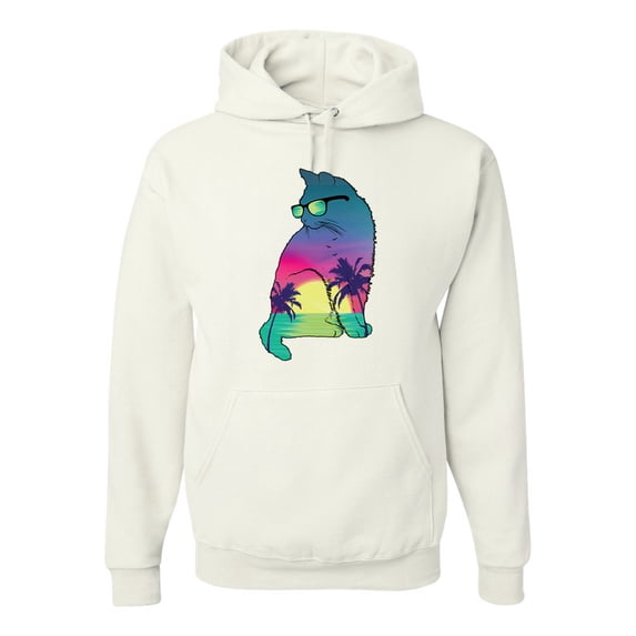 Neon Beach Sunset Cat California Vibes | Mens Animal Lover Hooded Sweatshirt Graphic Hoodie, White, Medium