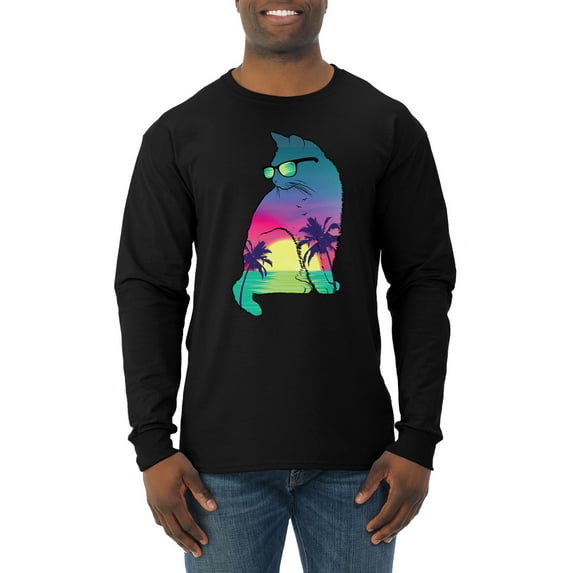 Neon Beach Sunset Cat California Vibes | Mens Animal Lover Long Sleeve T-Shirt, Black, Small