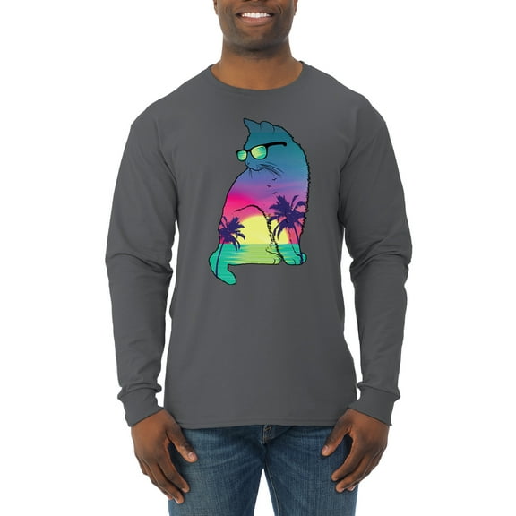 Neon Beach Sunset Cat California Vibes | Mens Animal Lover Long Sleeve T-Shirt, Charcoal, Medium