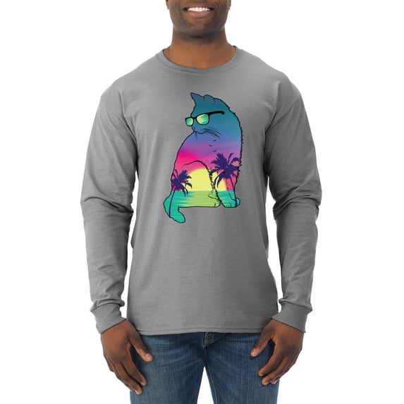 Neon Beach Sunset Cat California Vibes | Mens Animal Lover Long Sleeve T-Shirt, Heather Grey, Medium