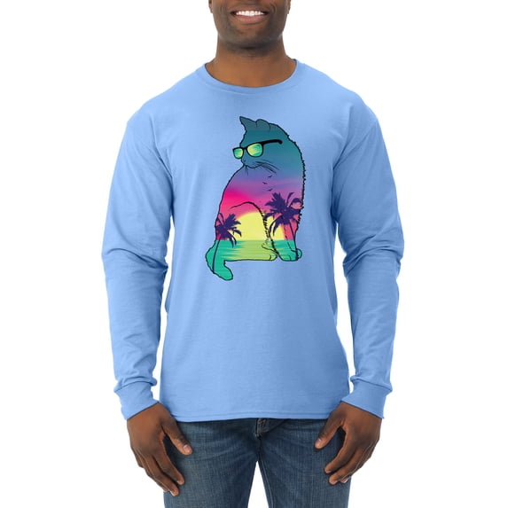 Neon Beach Sunset Cat California Vibes | Mens Animal Lover Long Sleeve T-Shirt, Light Blue, X-Large