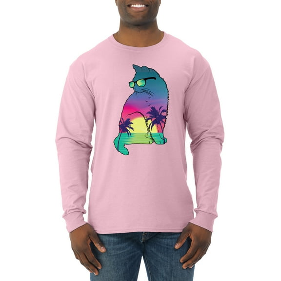 Neon Beach Sunset Cat California Vibes | Mens Animal Lover Long Sleeve T-Shirt, Light Pink, X-Large