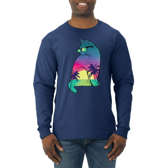 Neon Beach Sunset Cat California Vibes | Mens Animal Lover Long Sleeve T-Shirt, Navy, X-Large