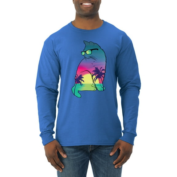 Neon Beach Sunset Cat California Vibes | Mens Animal Lover Long Sleeve T-Shirt, Royal, 3XL