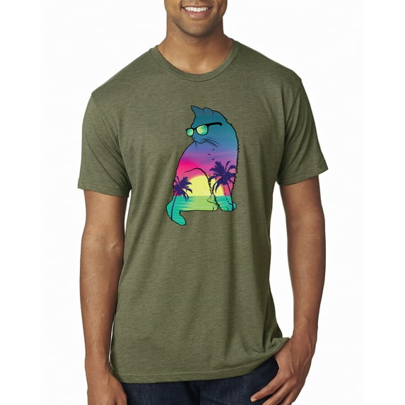 Neon Beach Sunset Cat California Vibes | Mens Animal Lover Premium Tri Blend T-Shirt, Military Green, 2XL
