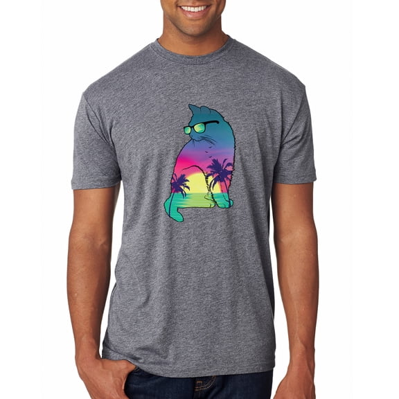 Neon Beach Sunset Cat California Vibes | Mens Animal Lover Premium Tri Blend T-Shirt, Premium Heather, 2XL