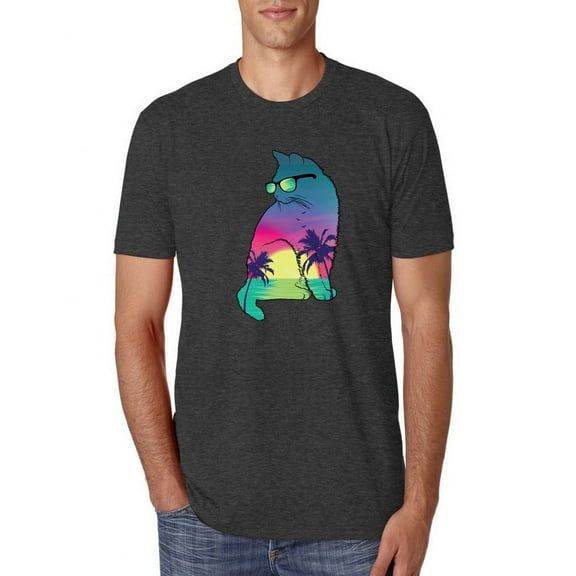 Neon Beach Sunset Cat California Vibes | Mens Animal Lover Premium Tri Blend T-Shirt, Vintage Black, Large