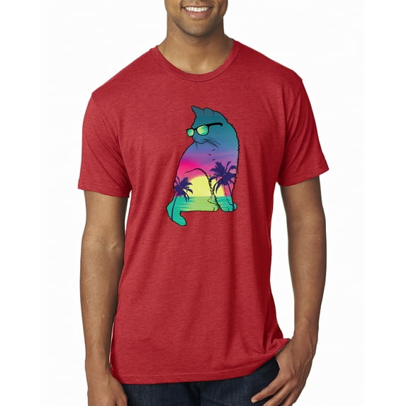 Neon Beach Sunset Cat California Vibes | Mens Animal Lover Premium Tri Blend T-Shirt, Vintage Red, Large