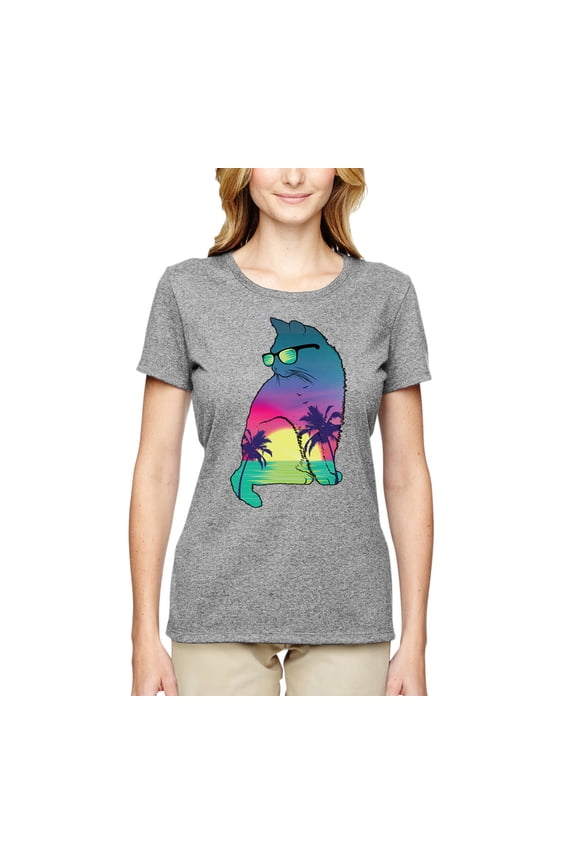 Neon Beach Sunset Cat California Vibes | Womens Animal Lover Graphic T-Shirt, Heather Grey, Medium