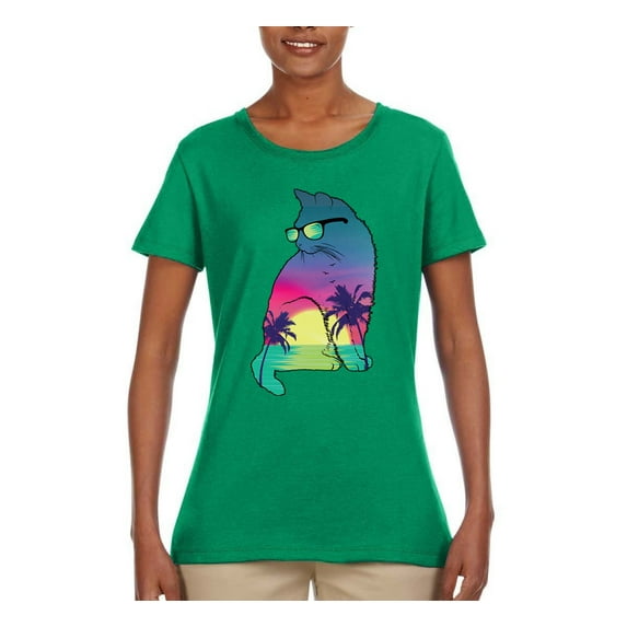 Neon Beach Sunset Cat California Vibes | Womens Animal Lover Graphic T-Shirt, Kelly, Small
