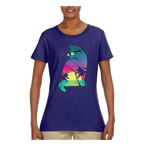 Neon Beach Sunset Cat California Vibes | Womens Animal Lover Graphic T-Shirt, Purple, 2XL