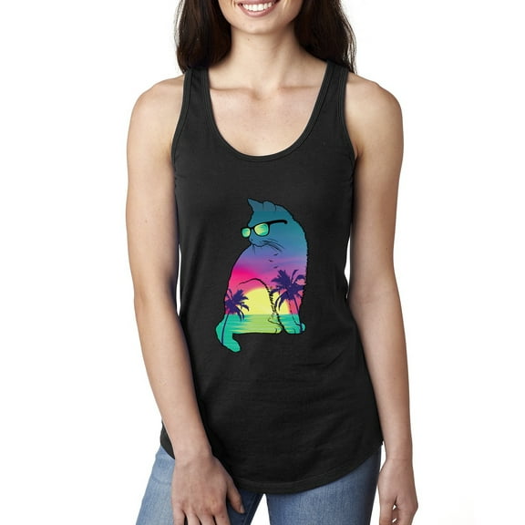 Neon Beach Sunset Cat California Vibes | Womens Animal Lover Jersey Racerback Tank Top, Black, Small
