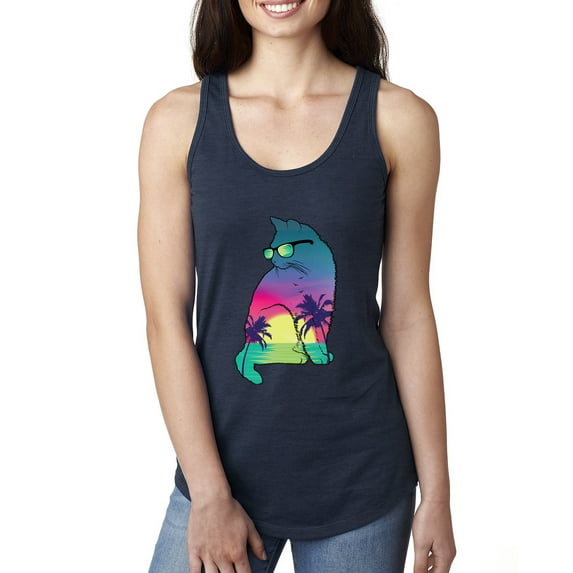 Neon Beach Sunset Cat California Vibes | Womens Animal Lover Jersey Racerback Tank Top, Navy, Small