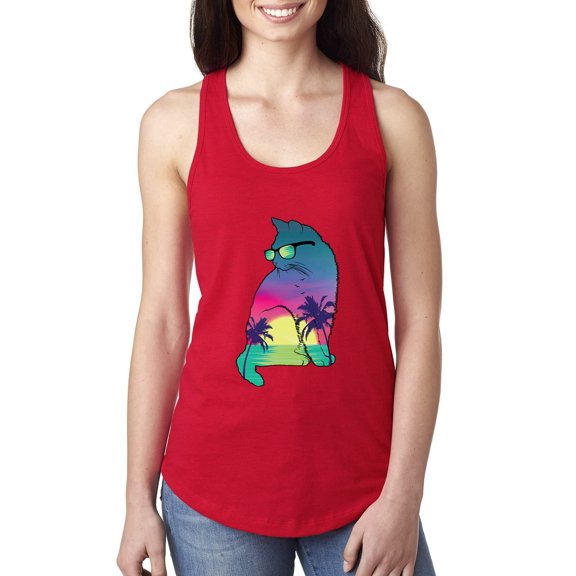 Neon Beach Sunset Cat California Vibes | Womens Animal Lover Jersey Racerback Tank Top, Red, Large