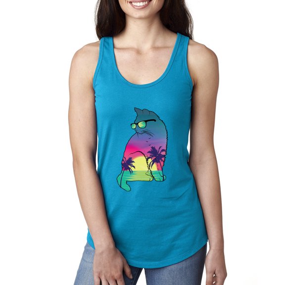 Neon Beach Sunset Cat California Vibes | Womens Animal Lover Jersey Racerback Tank Top, Turquoise, Small