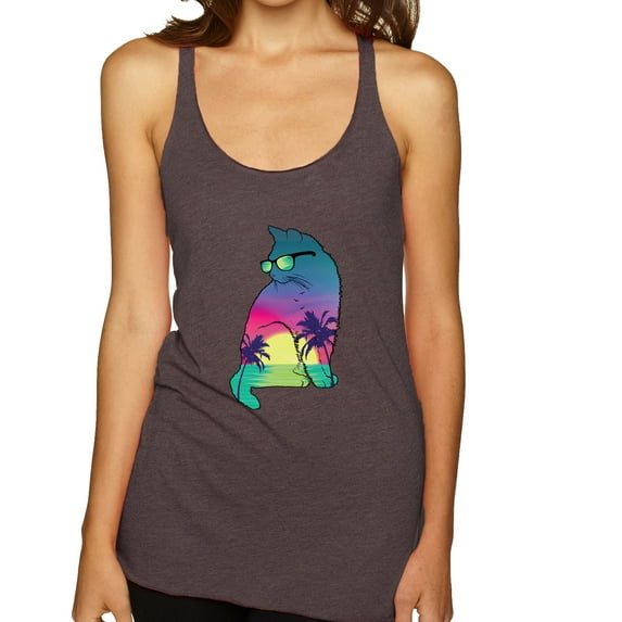 Neon Beach Sunset Cat California Vibes | Womens Animal Lover Premium Tri-Blend Racerback Tank Top, Brown, Small