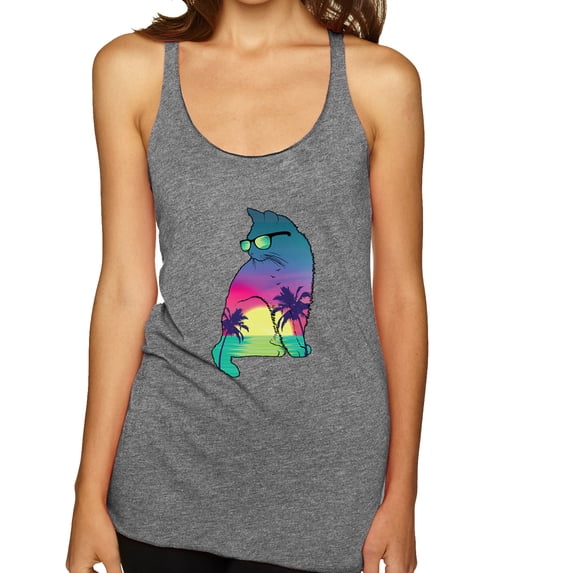 Neon Beach Sunset Cat California Vibes | Womens Animal Lover Premium Tri-Blend Racerback Tank Top, Premium Heather, X-Large