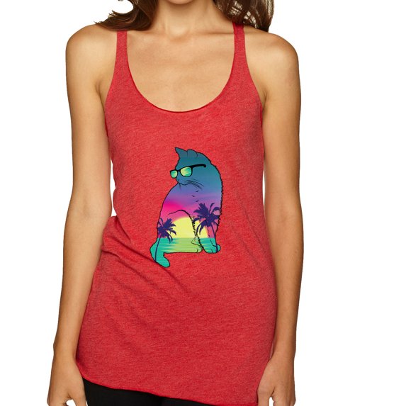 Neon Beach Sunset Cat California Vibes | Womens Animal Lover Premium Tri-Blend Racerback Tank Top, Vintage Red, Small