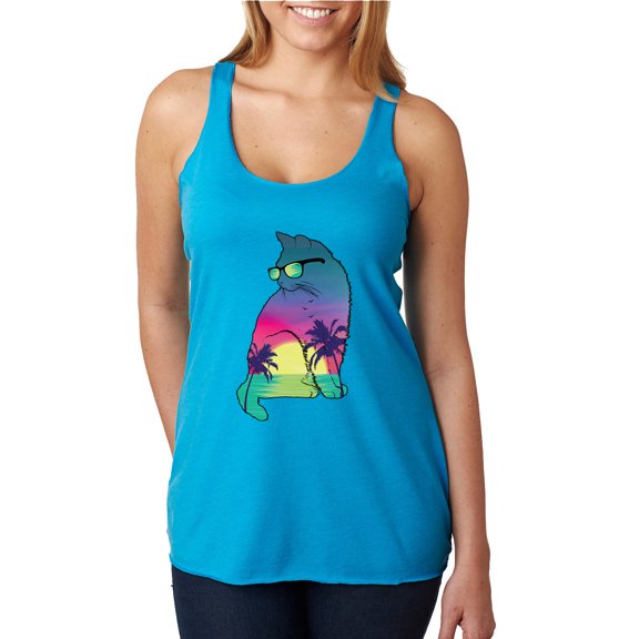 Neon Beach Sunset Cat California Vibes | Womens Animal Lover Premium Tri-Blend Racerback Tank Top, Vintage Turquoise, Large