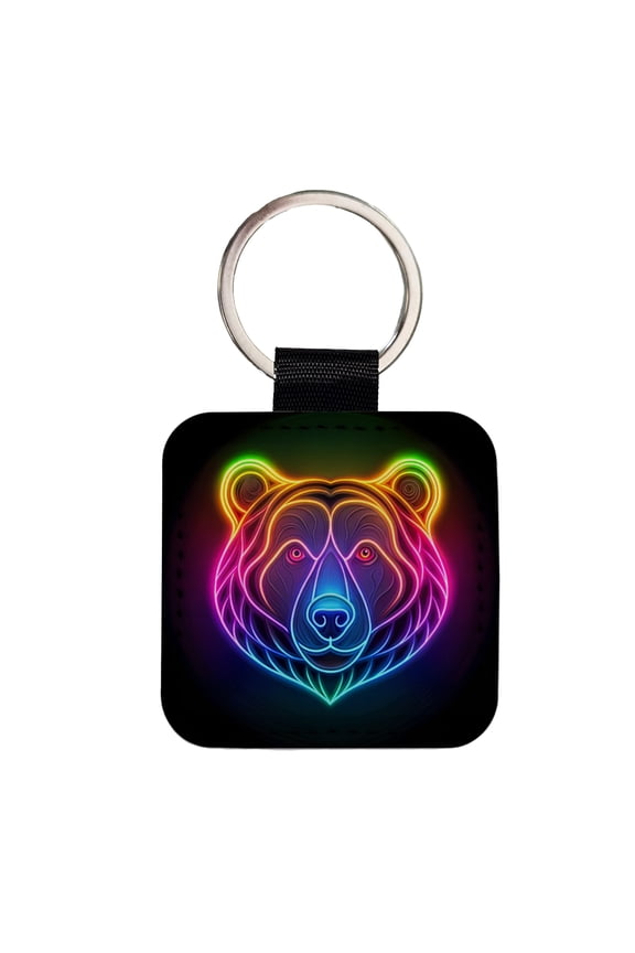 Neon Bear Face Faux Leather Square Keychain