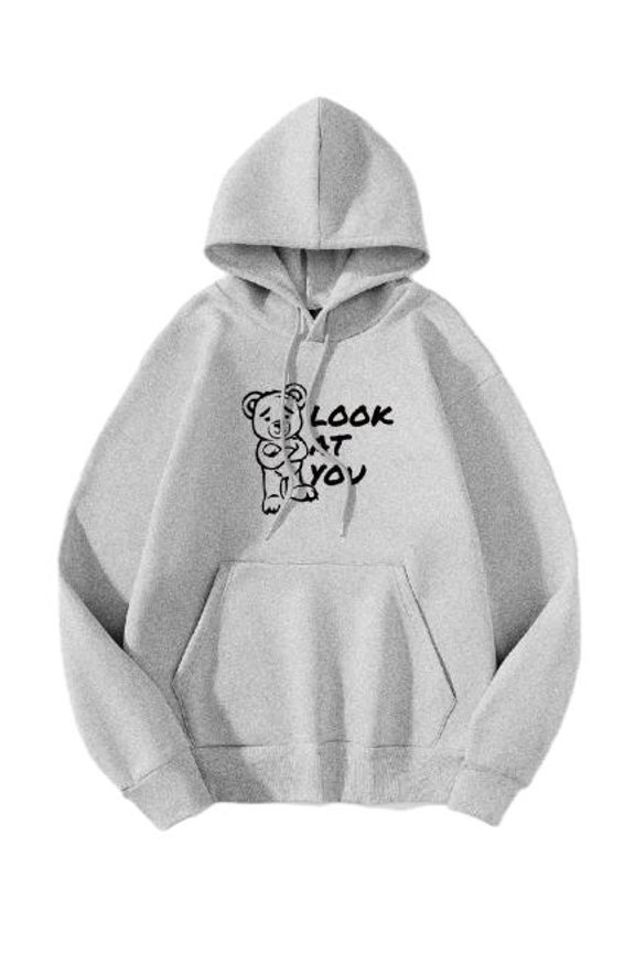 Neon Bear Look At You Print Funny Men's Casual Fleece Loose Hoodie