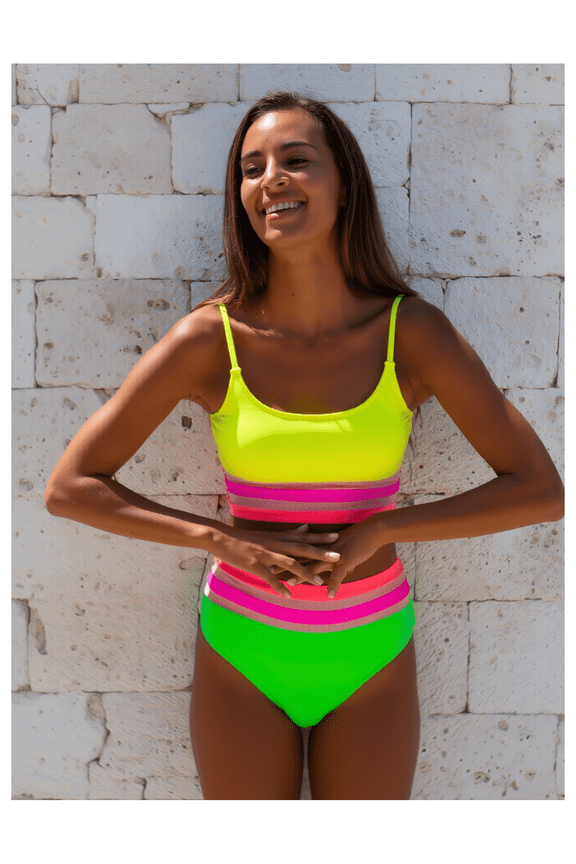 Neon Bikini Set for Women High Waisted - Two Piece Swimsuit Crop Top Bathing Suit - 80s Color Block Retro Vintage Style Beachwear