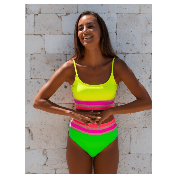 Neon Bikini Set for Women - High Waisted Two Piece Swimsuit - Crop Top Bathing Suit - Color Block Retro Swimwear - Summer Beach Pool Outfits
