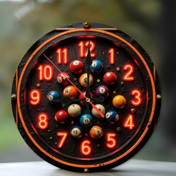 Neon Billiard Clock Wall Decor  Vintage Pool Table Clock 10-Inch Silent Wooden Wall Clock, Battery Operated (AA Batteries Not Included), Artistic Home Decor