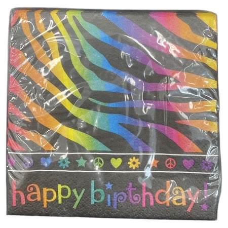 Neon Birthday Zebra Print Peace Party Paper Beverage Napkins 16Ct