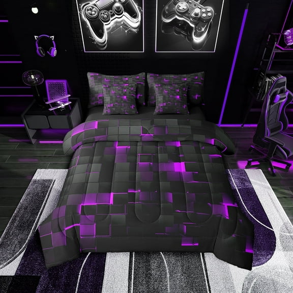 Neon Black Purple Comforter Set With Sheets Twin Abstract Geometric Grid Checkered Bedding Set Teen Women Glowing Plaid 7 Piece Bed in a bag 3D Square Bed Set