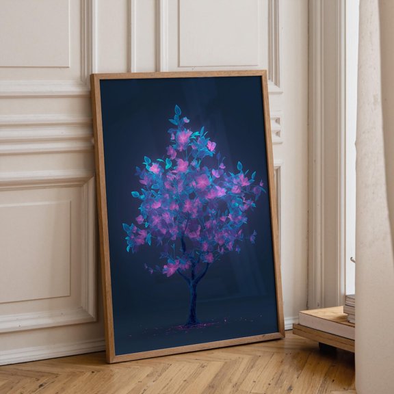 Neon Blossom Tree Wall Art Cyberpunk Cherry Blossom Futuristic Botanical, Unframed Poster