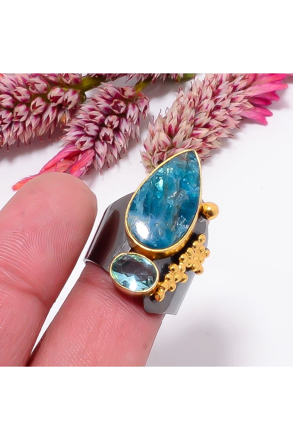 Neon Blue Apatite - Bahia Mines Black And Gold Plated 925 Sterling Silver Ring s.8 Sku1, Neon Blue Ring, Natural Gemstone Ring