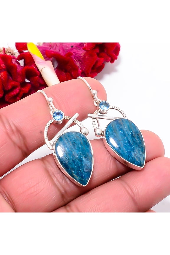 Neon Blue Apatite - Bahia Mines, Blue Topaz 925 Sterling Silver Earring 1.76 S42, Handmade Jewelry, Dangle Earring