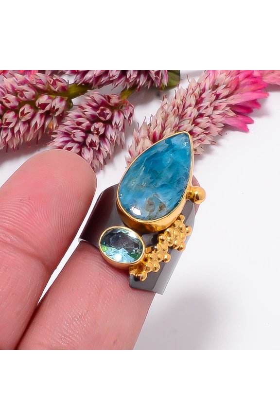 Neon Blue Apatite - Bahia Mines & Blue Topaz Black And Gold Plated 925 Sterling Silver Ring s.7 Sku14, Cyan Ring, Natural Gemstone Ring