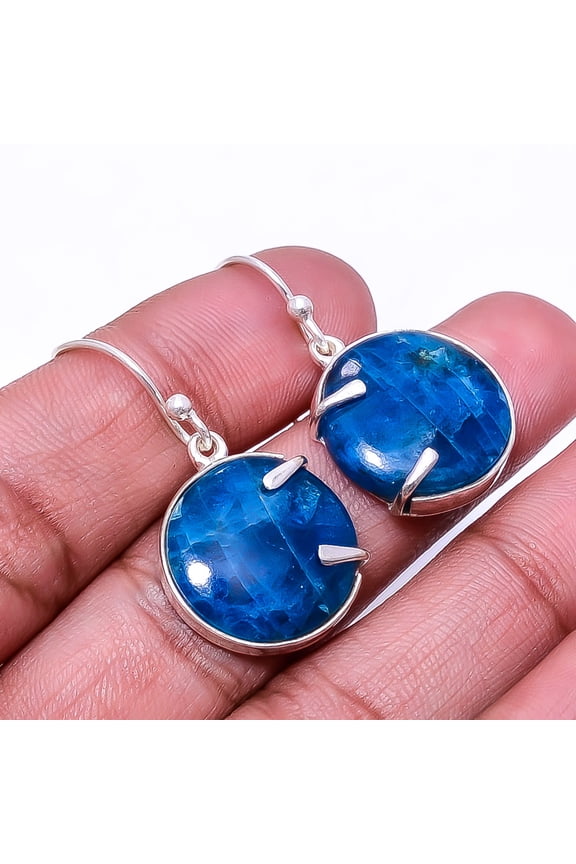 Neon Blue Apatite -Bahia Mines Designer Handmade 925 Sterling Silver Earring 1.33", Neon Blue Apatite Earring E_9505_345_23, New Year Sale, Valentin's