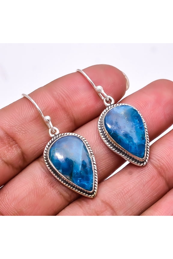 Neon Blue Apatite -Bahia Mines Designer Handmade 925 Sterling Silver Earring 1.56", Neon Blue Apatite Earring E_8036_341_71