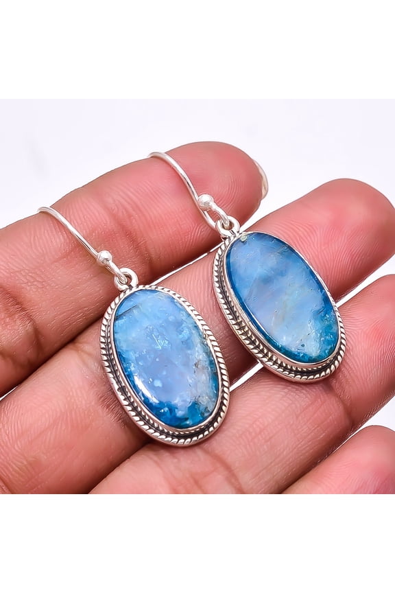 Neon Blue Apatite -Bahia Mines Designer Handmade 925 Sterling Silver Earring 1.64", Neon Blue Apatite Earring E_8036_341_66
