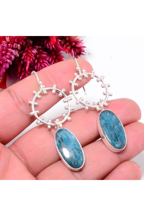 Neon Blue Apatite - Bahia Mines Designer Handmade 925 Sterling Silver Earring 2.22" Sku47, Neon Blue Earring, Natural Gemstone Earring