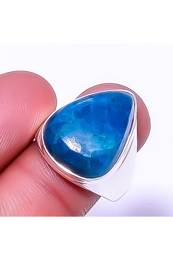 Neon Blue Apatite - Bahia Mines Gemstone 925 Sterling Silver Ring s.8.5 A386, Christmas Gift, Gemstone Silver Jewelry, Apatite Ring, New Year Sale