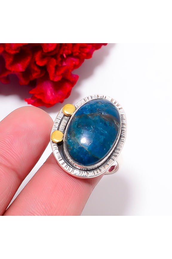 Neon Blue Apatite - Bahia Mines Two Tone Designer 925 Sterling Silver Ring S.9 R9821, Christmas Gift