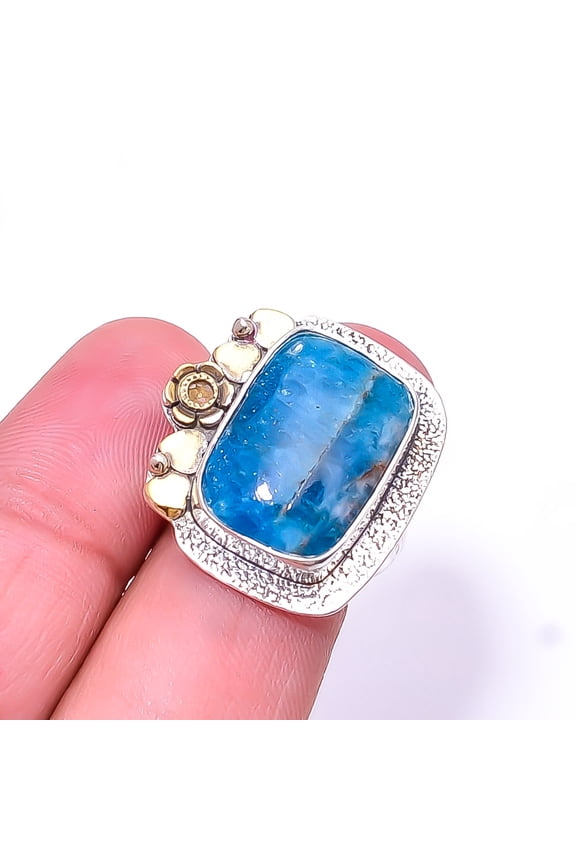 Neon Blue Apatite - Bahia Mines Two Tone Designer 925 Sterling Silver Ring s.7 Sku3, Neon Blue Ring, Natural Gemstone Ring