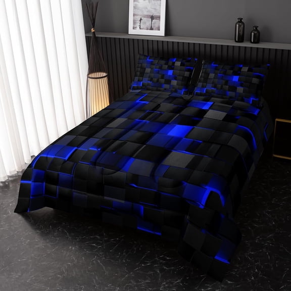 Neon Blue Black Comforter Set Queen Geometric Kids Bedding Set