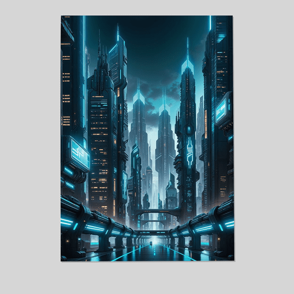 Neon Blue Cyberpunk Cityscape Poster, High-Tech Futuristic Metropolis Wall Art, Sci-Fi Highway Decor Full Size 24''x36'' The Golden Shop