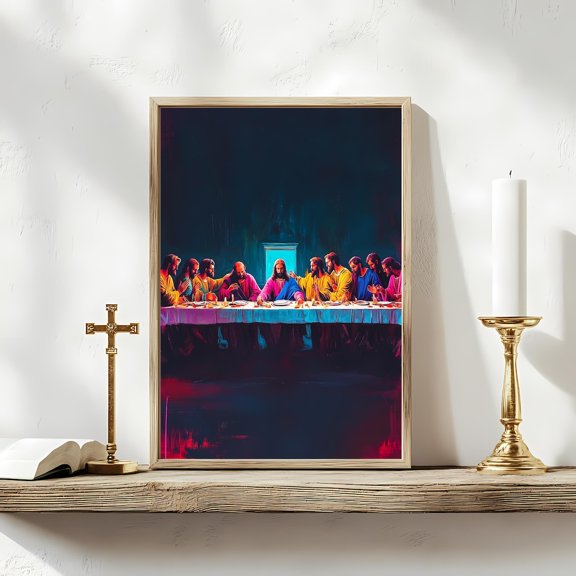 Neon Blue Last Supper Modern Christian Wall Art, Unframed Paper Poster 8x10in
