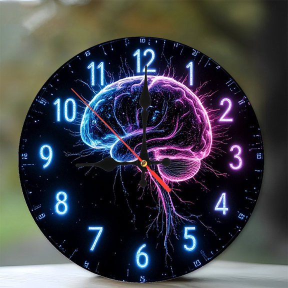 Neon Brain Clock Wall Art Decor 10-Inch Silent Wooden Wall Clock, Battery Operated (AA Batteries Not Included), Artistic Home Decor