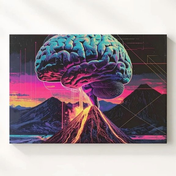 Neon Brain Rising From Volcano Posterdynamic Energy And Creation Art